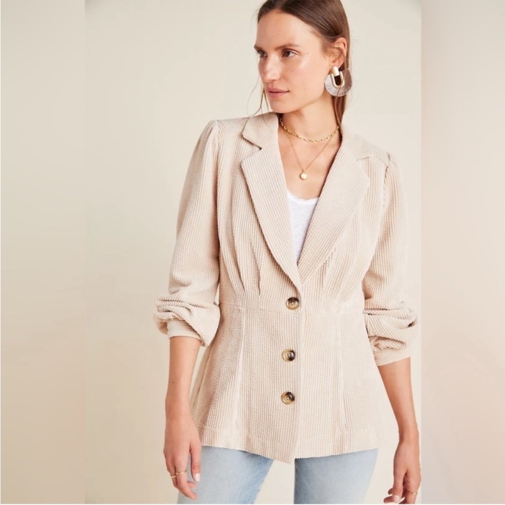 Current Air Cream Beige Ribbed Textured Fitted Waist Blazer Jacket